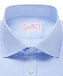 Pale Blue & White Slim Fit Double Cuff Prince of Wales Check Formal Shirt